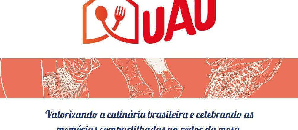 Concurso de Receitas Vizinhas UAU Ingleza no Fartura Banner do Concurso de Receitas Vizinhas UAU Ingleza. O logotipo apresenta uma casa estilizada com um garfo e uma colher. Abaixo, uma faixa laranja com ilustrações de alimentos e utensílios de cozinha. A frase "Valorizando a culinária brasileira e celebrando as memórias compartilhadas ao redor da mesa" está centralizada.