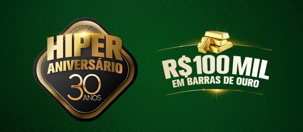 Hiper Aniversário 30 anos Hiperbom e Hiperselect em Florianópolis - Santa Catarina Imagem promocional do HiperBom e HiperSelect Aniversário 30 anos, com destaque para os prêmios: R$ 100 mil em barras de ouro e 180 vales de R$ 500 toda semana. A campanha é exclusiva para clientes Clube Select e requer o download do app.