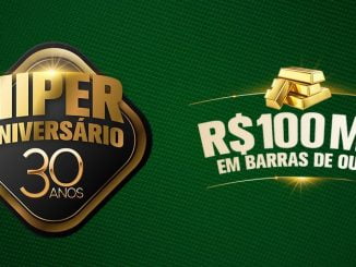 Imagem promocional do HiperBom e HiperSelect Aniversário 30 anos, com destaque para os prêmios: R$ 100 mil em barras de ouro e 180 vales de R$ 500 toda semana. A campanha é exclusiva para clientes Clube Select e requer o download do app.