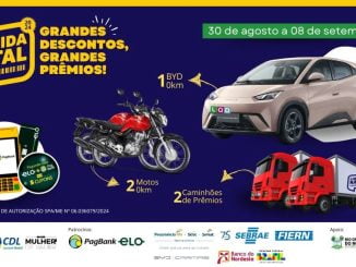 A imagem promocional da campanha "Liquida Natal 2024" destaca um carro BYD 0 km, duas motos 0 km e dois caminhões de prêmios como recompensas. A promoção ocorre de 30 de agosto a 8 de setembro. Os clientes recebem um cupom a cada R$ 50 em compras, e pagamentos com cartão Elo geram cinco cupons. A campanha é organizada pela CDL Natal, com patrocínio do PagBank e Elo, e apoio de entidades como SEBRAE e Fiern.