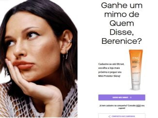 Uma mulher com expressão pensativa apoia o rosto na mão, olhando para cima. Ao lado, há uma oferta promocional da marca "Quem Disse, Berenice?" que convida o público a se cadastrar até 8 de setembro para ganhar um Mini Protetor Skin.q. A imagem inclui um botão para solicitar o mimo e um link para consultar o cupom.
