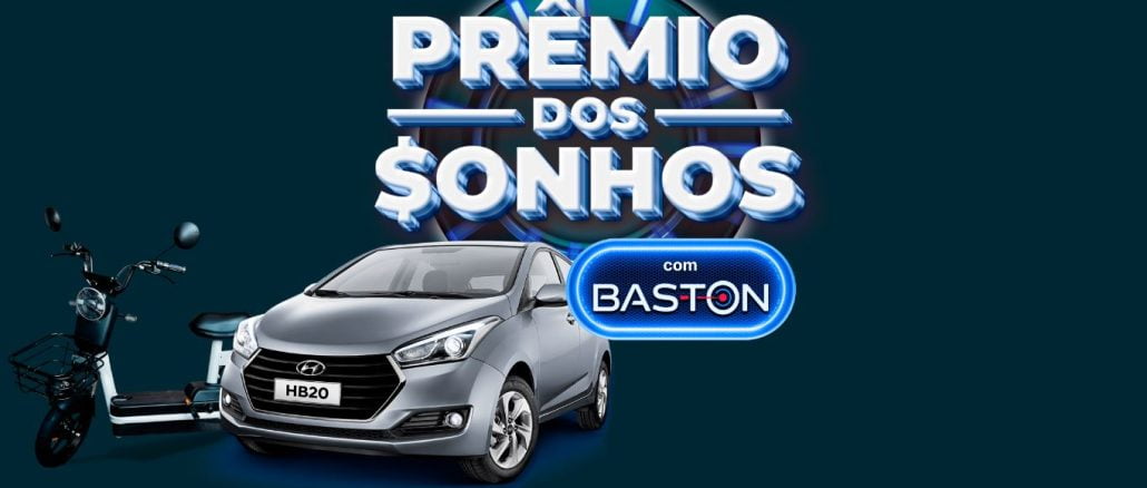 Prêmios dos Sonhos Baston e Supermercados Bahamas em Minas Gerais Uma imagem promocional com fundo preto mostrando um carro Hyundai HB20 prateado e uma scooter elétrica branca como prêmios da promoção "Prêmio dos Sonhos" da Baston e Supermercados Bahamas em Minas Gerais.