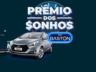 Uma imagem promocional com fundo preto mostrando um carro Hyundai HB20 prateado e uma scooter elétrica branca como prêmios da promoção "Prêmio dos Sonhos" da Baston e Supermercados Bahamas em Minas Gerais.