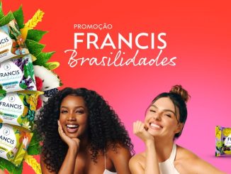Anúncio de uma promoção com 300 kits Francis Brasilidades & Dailus. O texto destaca "Cor e Cheiro das Brasilidades!" e instruções para participar seguindo as marcas no Instagram e marcando amigos. A imagem também contém o logo da Francis e imagens dos produtos.