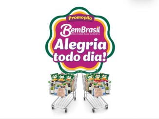 Imagem promocional da Bem Brasil com dois carrinhos de compras cheios de produtos da marca, como salgadinhos. A imagem anuncia a promoção "Alegria Todo Dia!", que sorteará carrinhos de compras no valor de R$ 500 cada.