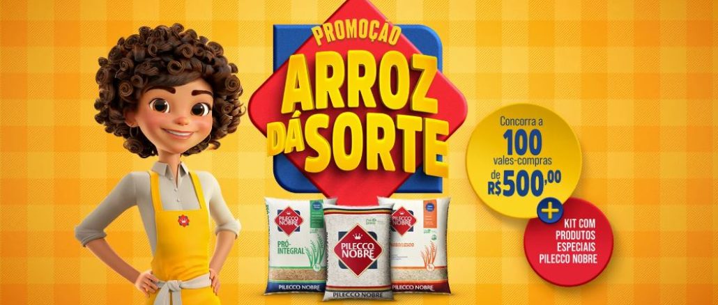 Promoção Arroz dá Sorte Pilecco Nobre Uma garota sorridente de avental amarelo segura uma colher de pau ao lado de embalagens de arroz Pilecco Nobre: Integral, Branco e Parbolizado. A promoção "Arroz da Sorte" oferece 100 vales-compra de R$ 500 e kits com produtos especiais.