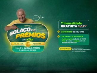 Anúncio promocional do Cartão de TODOS com o Zico, oferecendo a chance de concorrer a mais de 100 prêmios, incluindo anuidades grátis do cartão e bolas de futebol e camisas do Brasil autografadas pelo Zico. A promoção é válida de 7 a 11 de agosto e a primeira mensalidade é gratuita.