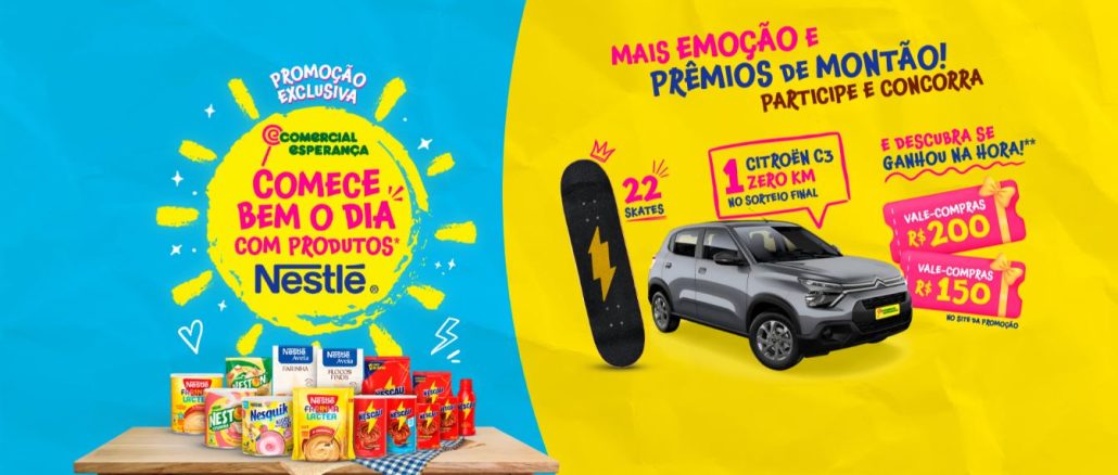 Promoção Comece bem o dia com Nestlé e Comercial Esperança em Minas e São Paulo Imagem promocional da campanha "Comece bem o dia com Nestlé" do Comercial Esperança. Uma variedade de produtos Nestlé, como Nescau, Nesquik e Leite Moça, está disposta ao redor de um carro Citroën C3 Live prateado e vários skates coloridos. O texto destaca a chance de ganhar prêmios instantâneos de até R$200 em vale-compras e concorrer ao sorteio de um Citroën C3 0km e 22 skates.