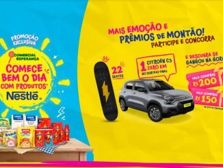 Imagem promocional da campanha "Comece bem o dia com Nestlé" do Comercial Esperança. Uma variedade de produtos Nestlé, como Nescau, Nesquik e Leite Moça, está disposta ao redor de um carro Citroën C3 Live prateado e vários skates coloridos. O texto destaca a chance de ganhar prêmios instantâneos de até R$200 em vale-compras e concorrer ao sorteio de um Citroën C3 0km e 22 skates.