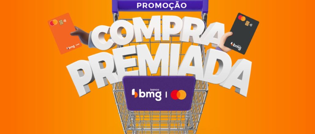 Promoção Compra Premiada Banco BMG Imagem promocional do Banco BMG e Mastercard. Um carrinho de compras roxo metálico com a palavra "PROMOÇÃO" no topo contém letras brancas tridimensionais formando "COMPRA PREMIADA". Dois cartões de crédito, um laranja e um preto, flutuam ao lado do carrinho. O fundo é um gradiente laranja vibrante. Os logotipos do BMG e Mastercard são visíveis no carrinho.
