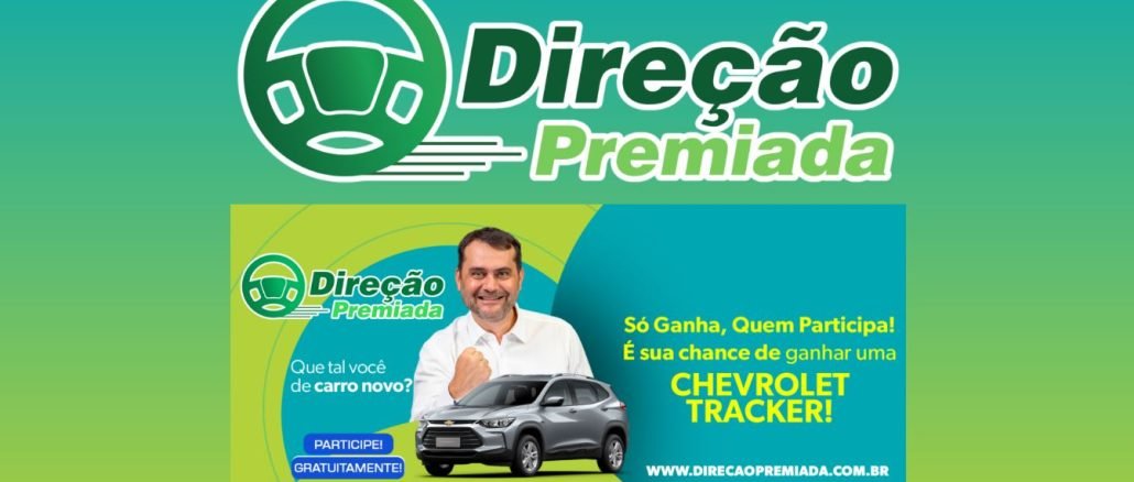 Promoção Direção Premiada Chevrolet Tracker Uber do Marlon e AMMASP Imagem promocional da campanha "Direção Premiada". No topo, o logotipo com um volante estilizado. Abaixo, um homem sorridente ao lado de um Chevrolet Tracker. O texto destaca: "Só Ganha, Quem Participa! É sua chance de ganhar uma CHEVROLET TRACKER!". O site "http://www.direcaopremiada.com.br" é mencionado. O fundo tem cores em tons de verde e azul.