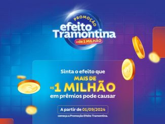 Banner promocional azul com o título "PROMOÇÃO efeito Tramontina" em destaque. Moedas douradas caem do topo, simbolizando a premiação de mais de 1 milhão de reais. A promoção começa em 1º de setembro de 2024.