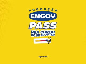 A imagem apresenta uma promoção chamada "Engov Pass" com o slogan "Pra curtir do up ao after" em destaque no centro, sobre um fundo amarelo vibrante. Abaixo do texto, há um gráfico de barra colorido com um ícone de comprimido animado. No rodapé, está escrito "Aguarde!".