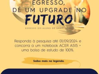 Anúncio da Uninter para ex-alunos de graduação. A imagem mostra um formando com capelo, destacando a mensagem: "Egresso, dê um upgrade no futuro". O texto informa sobre a possibilidade de participar de uma pesquisa até 01/09/2024, concorrendo a um notebook ACER A515 e uma bolsa de estudo de 100%. No rodapé, o logo da Uninter é acompanhado pela frase "Ao seu lado para transformar a sua história".