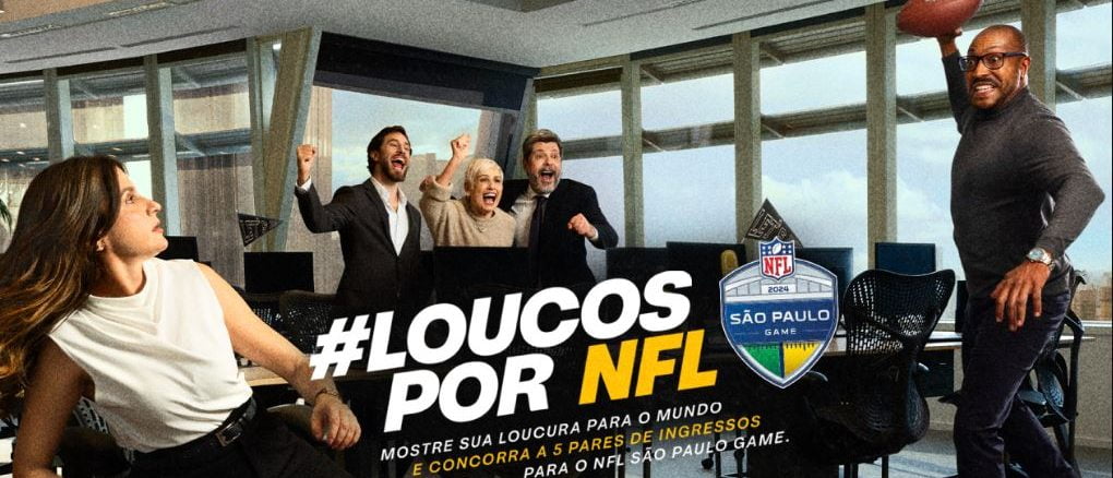 Promoção Loucos por NFP XP Investimentos Logo da NFL em destaque, com a hashtag #LoucosPorNFL e o texto "Mostre sua loucura para o mundo e concorra a 5 pares de ingressos para o NFL São Paulo Game 2024" com a XP Investimentos.