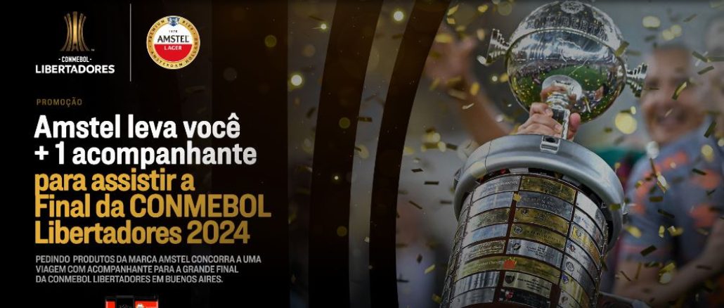 Promoção Madero e Amstel te levam pra final da Copa Conmebol Libertadores Imagem promocional da Amstel em parceria com os Restaurantes Madero, destacando a chance de ganhar uma viagem para a final da CONMEBOL Libertadores 2024 em Buenos Aires. À esquerda, os logotipos da Amstel e da CONMEBOL Libertadores. O texto central anuncia a promoção, incentivando a compra de produtos Amstel. Na parte inferior, são mencionados prêmios adicionais, como cervejeiras e vouchers para o Madero. À direita, uma imagem de uma pessoa erguendo o troféu da Libertadores, com confetes dourados ao fundo.