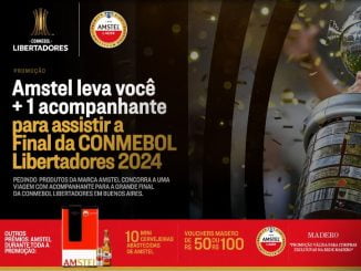 Imagem promocional da Amstel em parceria com os Restaurantes Madero, destacando a chance de ganhar uma viagem para a final da CONMEBOL Libertadores 2024 em Buenos Aires. À esquerda, os logotipos da Amstel e da CONMEBOL Libertadores. O texto central anuncia a promoção, incentivando a compra de produtos Amstel. Na parte inferior, são mencionados prêmios adicionais, como cervejeiras e vouchers para o Madero. À direita, uma imagem de uma pessoa erguendo o troféu da Libertadores, com confetes dourados ao fundo.