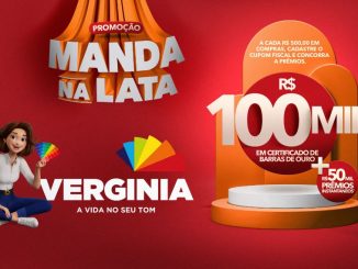 Imagem promocional da campanha "Manda na Lata" da Tintas Verginia. A cada R$500 em compras, o cliente pode cadastrar o cupom fiscal e concorrer a R$100 mil em certificado de barras de ouro e R$50 mil em prêmios instantâneos. A imagem apresenta o logotipo da Verginia em destaque, com cores vibrantes e elementos visuais relacionados à pintura.