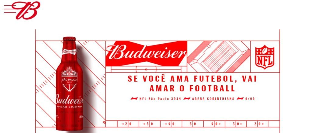 Promoção NFL Budweiser Se você ama futebol, vai amar football Imagem promocional da Budweiser destacando uma campanha relacionada ao futebol americano. No topo, uma garrafa de Budweiser ao lado da frase "Se você ama futebol, vai amar o football". Abaixo, instruções sobre como participar: utilizar um cupom promocional ativado após um field goal em partidas selecionadas, comprar uma Budweiser no Zé Delivery com o cupom, e cadastrar o pedido para concorrer a ingressos para o jogo entre Green Bay Packers e Philadelphia Eagles. A imagem é predominantemente vermelha, com elementos gráficos de futebol americano.