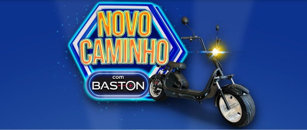 Uma scooter elétrica preta está estacionada em frente ao logo da Baston. O texto "Novo Caminho com Baston" aparece em destaque, junto com a frase "Compre produtos Baston e concorra a uma scooter elétrica".