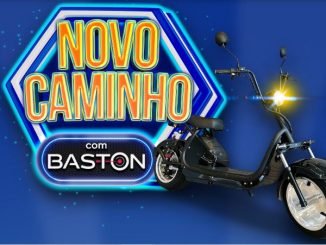 Uma scooter elétrica preta está estacionada em frente ao logo da Baston. O texto "Novo Caminho com Baston" aparece em destaque, junto com a frase "Compre produtos Baston e concorra a uma scooter elétrica".