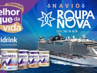 Uma montagem promocional com várias embalagens de Nutridrink, um cruzeiro MSC Seaview e o logotipo da banda Roupa Nova. O texto destaca a promoção "Vitalidade para a nova geração 50+", oferecendo cashback e a chance de ganhar uma viagem de cruzeiro.
