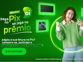 Anúncio da Oi com fundo roxo e detalhes em amarelo e branco. O texto principal diz: "oi promoção paga Pix no se joga no prêmio. Pagou a sua fatura no Pix? Cadastre-se, participe e concorra a prêmios imperdíveis." Há um botão que diz "Quero participar".