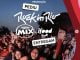 A imagem mostra uma multidão animada em um festival de música ao ar livre, com pessoas sorrindo e levantando as mãos. No centro, os logotipos do Rock in Rio, Mix FM e iFood estão em destaque, com as palavras "Pediu" e "Entregam" em caixas brancas. O fundo tem tons de azul e vermelho, criando uma atmosfera vibrante e festiva.