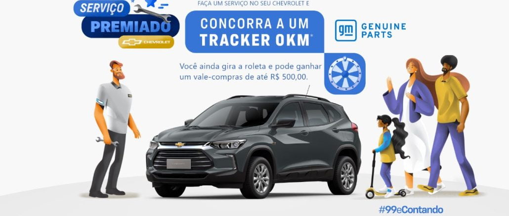 Promoção Serviço Premiado Chevrolet 2024 Sorteio GM Tracker 0km Anúncio da Chevrolet sobre a promoção "Serviço Premiado", onde clientes que realizarem serviços em seus veículos Chevrolet concorrem a um Tracker 0km e a vales-compras de até R$500,00 girando a roleta.