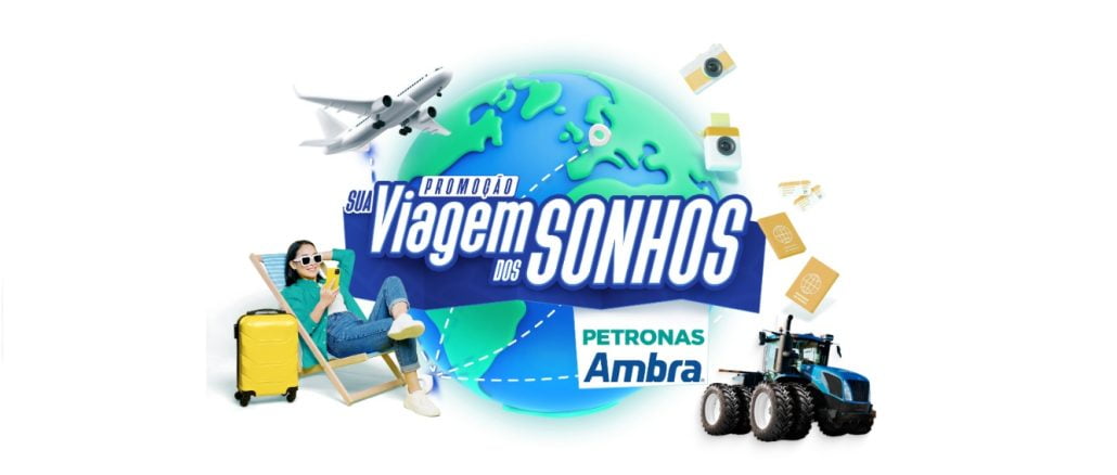 Promoção Sua Viagem dos Sonhos Petronas Ambra Uma pessoa relaxa em uma espreguiçadeira à beira-mar, com um sorriso no rosto, segurando um smartphone e óculos escuros. Uma mala amarela está ao seu lado, sugerindo uma viagem. Um avião voa ao redor do globo terrestre, reforçando a ideia de aventura. Um trator e produtos Petronas Ambra indicam o público-alvo da Promoção Sua Viagem dos Sonhos Petronas Ambra.