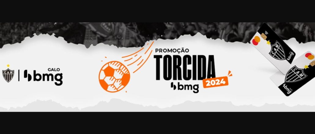 Imagem promocional do Banco BMG em parceria com o Atlético Mineiro. À esquerda, os logotipos do Atlético Mineiro e do BMG com a palavra "GALO". No centro, uma bola de futebol laranja com o texto "Promoção Torcida BMG 2024". À direita, dois cartões com o escudo do Atlético Mineiro e o logotipo do BMG. O fundo é preto e branco, destacando a torcida.