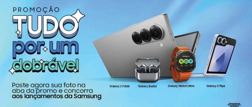Promoção Tudo por um Dobrável Samsung Members Community Anúncio promocional da Samsung com fundo azul vibrante. O texto em destaque diz "TUDO por um dobrável". Abaixo, há imagens dos produtos Galaxy Z Fold 5, Galaxy Buds 3, Galaxy Watch 6 e Galaxy Z Flip 5. Um texto menor incentiva os participantes a postarem uma foto na aba da promoção para concorrer aos prêmios.