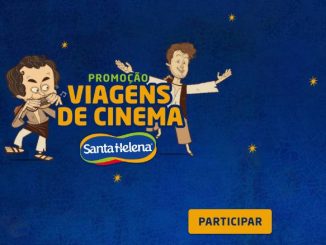 Banner promocional da Santa Helena para a "Promoção Viagens de Cinema". Em um fundo azul estrelado, dois personagens de desenho animado estão à esquerda. No centro, o texto "Promoção Viagens de Cinema" e o logo da Santa Helena. À direita, detalhes sobre a promoção: concorra a 5 viagens pelo Brasil para a pré-estreia de "O Auto da Compadecida 2", com estreia em 25 de dezembro. Há também menção a prêmios diários, como vouchers de R$250,00 e ingressos. Um botão amarelo com "Participar" está na parte inferior.
