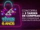 Uma imagem promocional vibrante anuncia uma promoção da Vivaz Residencial em comemoração aos seus 6 anos. Uma sacola de compras estilizada, estrelas brilhantes e um cachorro feliz com chapéu de festa convidam você a participar e concorrer a 3 tardes de compras para celebrar com muito estilo.