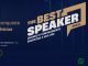 Imagem promocional do reality show "The Best Speaker Brasil". O texto convida os participantes a inspirar pessoas e ganhar R$ 1 milhão em prêmios com suas palavras. O programa busca formar o novo palestrante de sucesso do país. Há um botão para inscrição e um ícone do WhatsApp no canto inferior direito. O design é em tons de azul e dourado.