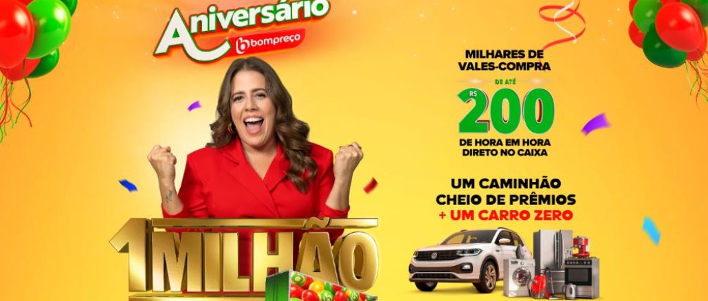 Aniversário BomPreço 2024 Um Milhão em Prêmios Aniversário BomPreço Supermercados 2024: Um Milhão em Prêmios, vales e caminhão de prêmios.