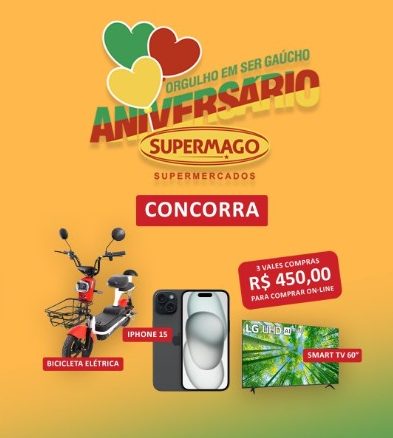 Aniversário Supermago Supermercados 26 anos em Porto Alegre Aniversário Supermago Supermercados 26 anos em Porto Alegre: Concorra iPhone, bicicleta elétrica e TV.