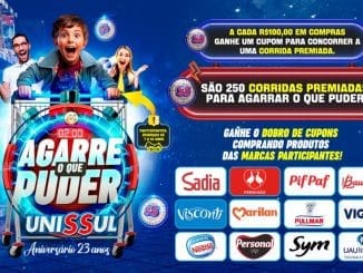 Aniversário Unissul 23 anos Agarre o que Puder: 232 premiados que agarrarão o que puder até 1.500,00 reais em até 2 minutos nas gondolas de qualquer corredor dos supermercados Unissul em Minas.