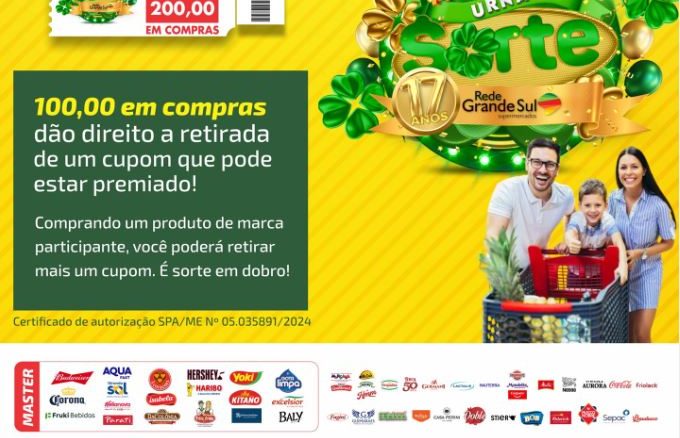 Aniversário Urna da Sorte Rede Grande Sul de Supermercados no RS: Concorra a 7.000 vale-compras de até 200,00 reais na hora na raspadinha.