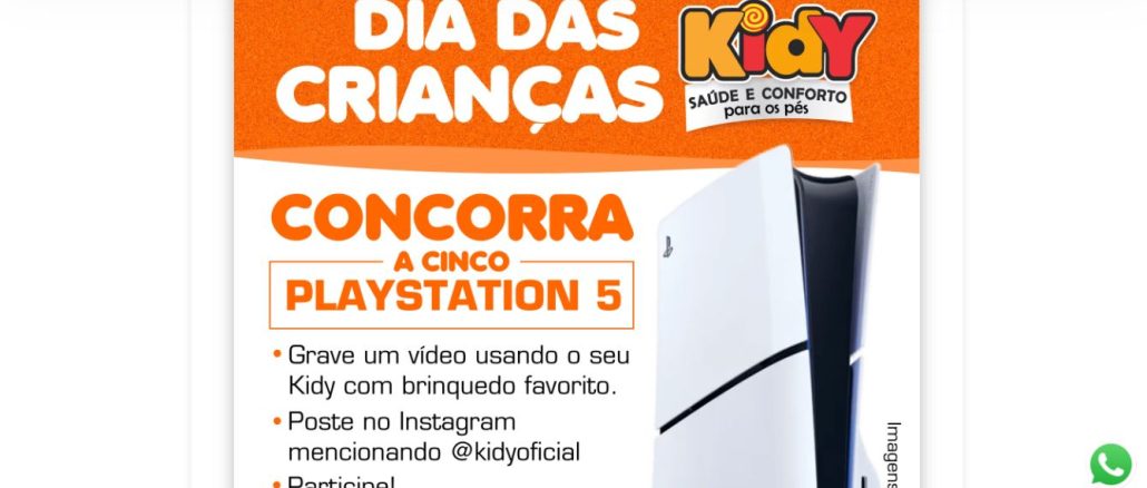 Dia das Crianças Kidy Calçados - Sorteio 5 Playstation 5 Dia das Crianças Kidy Calçados: Sorteio de 5 Playstation 5