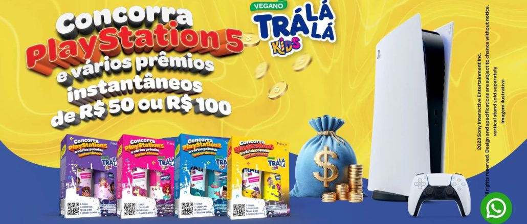 Promoção Trá lá lá Kids - Concorra PlayStations 5 A imagem faz parte de uma campanha de marketing para promover o produto "Trá lá lá Kids", utilizando o PlayStation 5 como um prêmio atrativo para incentivar as compras. Os prêmios instantâneos é uma forma de manter o interesse dos consumidores e recompensá-los imediatamente.
