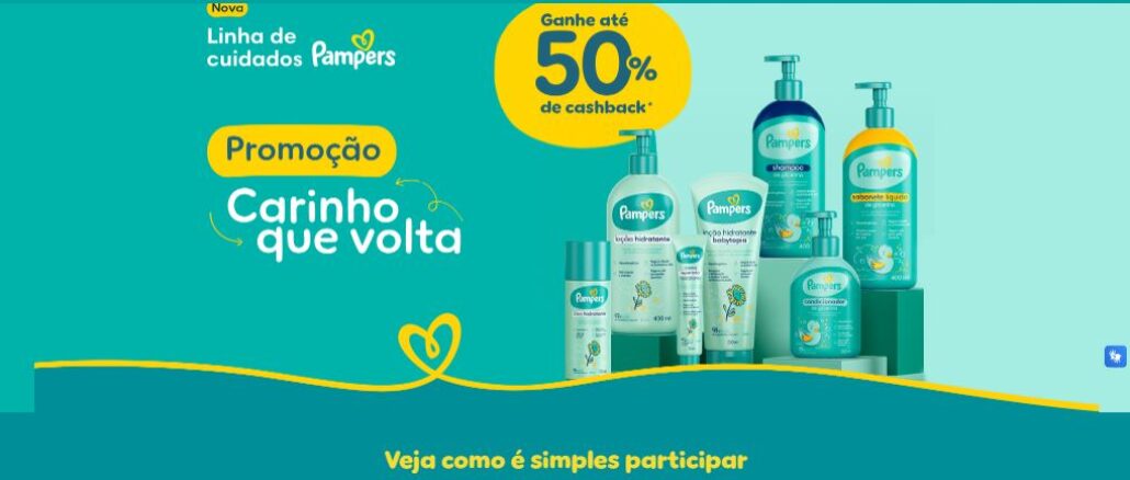 Promoção Cuidados Pampers Carinho que Volta - Até 50% de Cashback Promoção Cuidados Pampers Carinho que Volta: Até 50% de Cashback