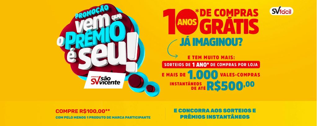 Promoção Supermercados SV São Vicente - Vem que o prêmio é seu Promoção Supermercados SV São Vicente - Vem que o prêmio é seu: Concorra 10 anos de compras grátis!
