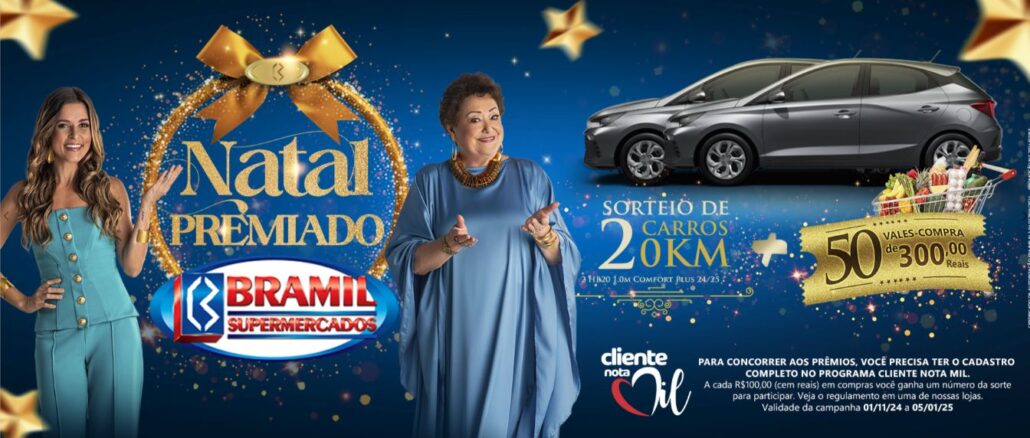 Natal Premiado Bramil Supermercados Natal Premiado Bramil Supermercados: Concorra ao sorteio de dois carros 0km, e 50 vale-compras de 300 reais.