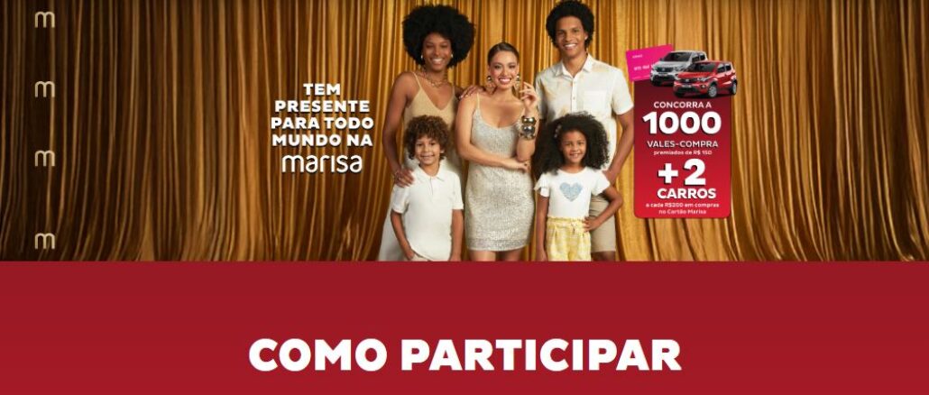 Promoção Natal Marisa 2024 Promoção Natal Marisa 2024: Concorra dois carros zero e 1.000 vales de 150 reais.