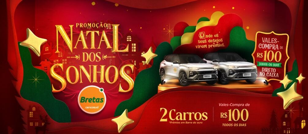 Promoção Natal dos Sonhos Bretas Cencosud 2024 Promoção Natal dos Sonhos Bretas Cencosud 2024: Concorra 2 carros e vale-compras todos os dias.