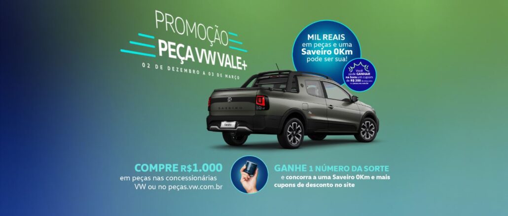 Promoção Peça VW Vale Mais: Concorra Saveiro 0km e descontos no site.