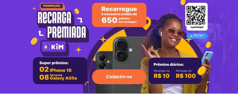 Promoção Recarga Premiada Kim Promoção Recarga Premiada Kim: Concorra a iPhones, Samsung Galaxy A05s e recargas de 10 a 100 reais.