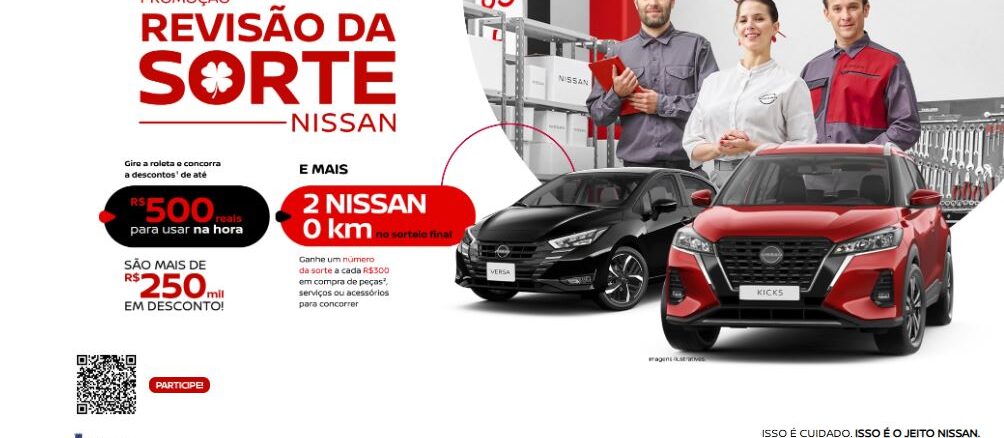 Revisão da Sorte Nissan 2024 Promoção Revisão da Sorte Nissan 2024: Concorra descontos pra usar na hora, e dois automóveis Nissan 0km no sorteio final.
