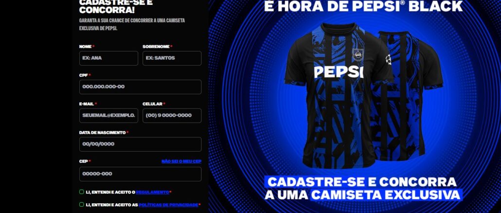 Concorra Camiseta Pepsi Black UEFA Concorra Camiseta Pepsi Black UEFA: Participe grátis, e concorra no sorteio.